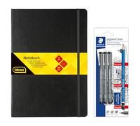 Idena 90341 - Cuaderno DIN A4 con 192 páginas, a rayas, incluye set Staedtler Artist con 3 revestimientos de pigmentos, un lápiz, sacapuntas y goma de borrar