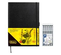 Idena 90345 - Cuaderno de bocetos DIN A4 con 160 páginas, en blanco, incluye 6 rotuladores Staedtler, punta revestida de metal en 6 anchos de línea