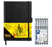 Idena 90347 - Cuaderno de bocetos DIN A5 con 160 páginas, en blanco, incluye 6 rotuladores Staedtler, punta revestida de metal en 6 anchos de línea