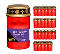 Idena 90394 - Velas LED para tumbas con Tapa, 24 Unidades de 6,5 x 12 cm Cada una, Velas para tumbas de plástico en Rojo y Dorado, Velas funerarias a Pilas para Exteriores