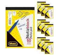 Idena 90437 - Bloc cuadriculado A6, 10 unidades, bloc de notas con 50 hojas y sin margen, papel de 70 g/m² sin perforar y encolado en la parte superior