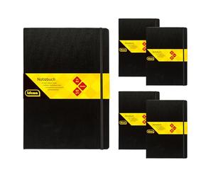 Idena 90449 - Cuaderno A4 en blanco, 5 unidades, 192 hojas de 80 g/m² en color crema, con bolsillo interior, goma elástica y marcapáginas, tapa dura en color negro