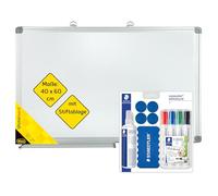 Idena 90884 - Pizarra blanca con bandeja para rotuladores, aprox. 60 x 40 cm, incl. 4 rotuladores STAEDTLER Lumocolor para pizarra blanca, limpiador, spray de limpieza de 250 ml y 4 imanes