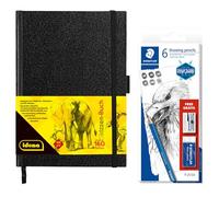 Idena Staedtler 90348 - Cuaderno de bocetos DIN A5 con 160 páginas, en blanco, incluye juego de 6 lápices de dibujo, sacapuntas y goma de borrar