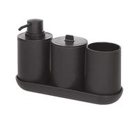 iDesign Set, juego de 4 compuesto por dispensador de jabón, porta cepillo de dientes, algodonero y bandeja de plástico, accesorios de baño para el lavabo, negro, 24,5 cm x 8,9 cm x 16,2 cm