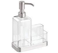 iDesign Dispensador de jabón con bandeja y dos compartimentos, organizador de cocina de plástico y acero inoxidable, dosificador manual de 473 ml con estropajo incluido, plateado