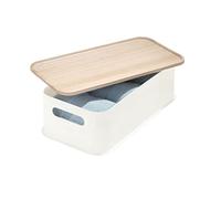 iDesign Eco Bin Asas, Cesta organizadora Mediana de plástico Reciclado y sin BPA, Caja con Tapa de Madera de Paulownia, Blanco, Polipropileno, 13,6 x 21,6 x 43,2 cm