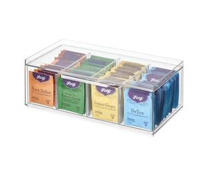 iDesign Fresco té, organizadora de plástico con 4 Compartimentos Ajustables y cajón, Caja de almacenaje con Tapa apilable, Transparente, 12.59" x 6.23" x 4.57"