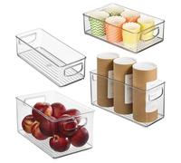 iDesign Juego de 4 cubos organizadores apilables de plástico reciclado con asas para cocina, refrigerador, congelador, despensa y organización de armario, varios tamaños, transparente