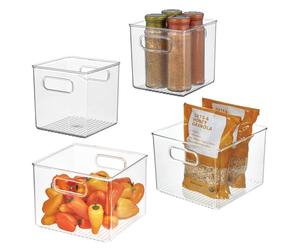 iDesign Juego de 4 cubos organizadores de nevera de plástico reciclado al 50%, fabricados en USA - Diseño versátil ideal para organizar el congelador, la nevera, la despensa- transparente