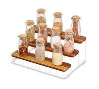 iDesign La colección Ría Safford Especiero, Especias pequeño con 3 Alturas, Organizador Metal Acacia, Ideal para la encimera de la Cocina, Color, 18/8 Stainless Steel, Blanco y Madera