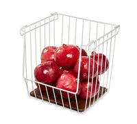 iDesign La colección Ría Safford Frutero de Alambre, Caja Frente Abierto de Metal Lacado Acacia, Cesta organizadora con Asas para despensa y hogar, Color Blanco y Madera, 18/8 Stainless Steel