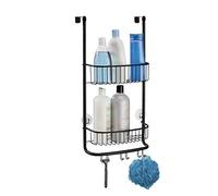 iDesign Organizador de ducha para colgar, pequeña estantería colgante de metal con 2 baldas y 3 ganchos dobles, cesta de ducha para la cabina de ducha, negro
