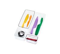 iDesign Set de 4 bandejas porta cubiertos, organizadores de cajones de plástico reciclado de la colección exclusiva de Rosanna Pansino, cubertero para cajón blanco y transparente