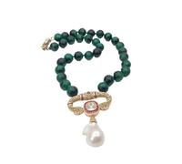 IDGTTLDF 18" 12mm Green Tiger Eye round Necklace White Keshi Pearl pave gold colr plated Pendant necklace for women