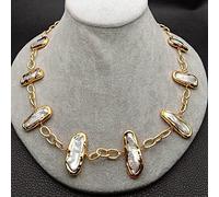 IDGTTLDF 20" White Biwa Freshwater Pearl Bezel set PearlGold Color Chain Necklace