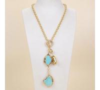 IDGTTLDF 27" White Biwa Pearl BlueTurquoise Gold Edge Plated Lariat Chain Necklace Pendant