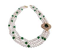 IDGTTLDF 3 hebras de 8-9 mm cultivadas blancas cerca de perlas redondas collar de jade verde conector pavimentado 21"