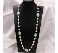 IDGTTLDF 32" Cultured White Rice Pearl Green Chrysoprase Faceted Stone Bezel Set Long Chain Necklace