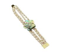 IDGTTLDF 4 Rows Cultured White Rice Pearl Green Abalone Shell Flower Necklace Bracelet Sets For Lady (Bracelet)