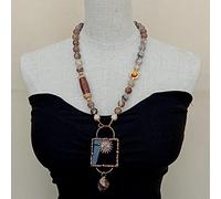 IDGTTLDF Brown 12mm Fire Agate Glass Bead Necklace 45x95mm Black Amethyst Rough Pendant 24"