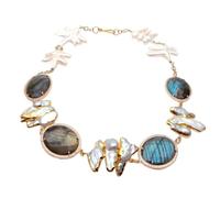 IDGTTLDF Collar de gargantilla ovalada facetada con labradorita y borde de oro amarillo con perla Biwa keshi blanca cultivada de 19'