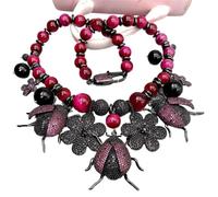 IDGTTLDF Color fucsia redondo Ojo de tigre pavé color bronce flor insecto colgante collar llamativo 18 "para mujer
