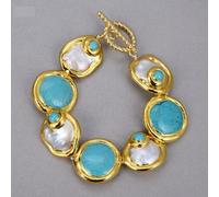 IDGTTLDF Cultured Baroque Coin Pearl Gold Edge Plated Blue Necklace Bracelet Earrings Set For Women (Bracelet)
