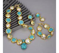 IDGTTLDF Cultured Baroque Coin Pearl Gold Edge Plated Blue Necklace Bracelet Earrings Set For Women (Jewelry sets)
