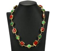 IDGTTLDF Green Glass Red Coral Gold Plated Edge Chain Choker Necklace Women Jewelry Party Gifts