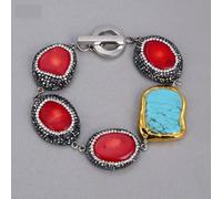 IDGTTLDF Red Coral Trimmed With Marcasite Blue Turquoises Gold Edge Plated Nugget Necklace Bracelet Earrings Sets For Women (Bracelet)