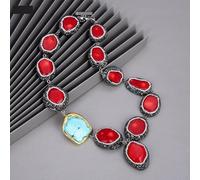 IDGTTLDF Red Coral Trimmed With Marcasite Blue Turquoises Gold Edge Plated Nugget Necklace Bracelet Earrings Sets For Women (Necklace)