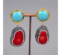 IDGTTLDF Red Coral Trimmed With Marcasite Blue Turquoises Gold Edge Plated Nugget Necklace Bracelet Earrings Sets For Women (Earrings)