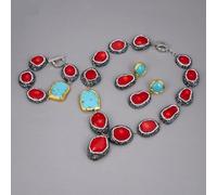 IDGTTLDF Red Coral Trimmed With Marcasite Blue Turquoises Gold Edge Plated Nugget Necklace Bracelet Earrings Sets For Women (Jewelry sets)