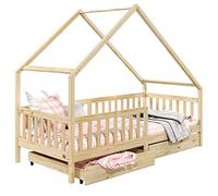 IDIMEX Cama cabaña Alva cama infantil individual asimétrica de madera, 90 x 200 cm Montessori, con almacenamiento de 2 cajones, de pino macizo con acabado natural