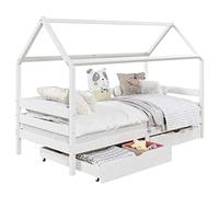 IDIMEX Cama Clia de pino macizo en color blanco, cama Montessori con techo en 90 x 200 cm, cuna estable con 2 cajones