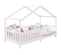 IDIMEX LISAN Cama de Pino Macizo Blanca, Montessori 90 x 200 cm, Estable Cama India Con Protección Contra Caídas y Techo