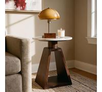 IDIMEX Mesa auxiliar Mysore con tablero de mármol de 40 cm, blanco/marrón, mesa redonda de madera de mango, mesa de café de mármol, mesa pequeña con estante abierto, superficie de fácil cuidado
