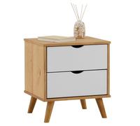 IDIMEX Mesita de noche Colima, 2 cajones, madera maciza de pino, ideal para camas con somier, color blanco y natural