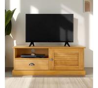 IDIMEX Mueble bajo Veneta con 1 puerta y 1 cajón de madera maciza, color natural - Mueble bajo para TV con espacio de almacenamiento y tirador de metal de concha de metal
