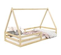 IDIMEX Sila - Cama Montessori de Pino Macizo 90 x 190 cm, Estable Con Protección Contra Caídas y Techo en Color Natural