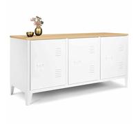 IDMarket - Aparador Bajo Ester 113 cm 3 Puertas de Metal Blanco con Tablero de Madera de Diseño Industrial