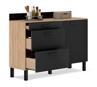 IDMarket - Aparador bajo olla de cocina 120 cm CINA encimera H.83 cm 1 puerta + 3 cajones forma haya y negro