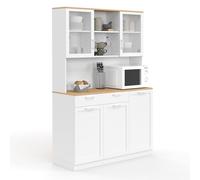 IDMarket - Aparador de cocina con cristal 120 cm VITO 5 puertas + 1 cajón blanco y encimera estilo haya