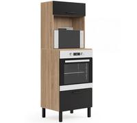 IDMarket - Armario columna de cocina horno/microondas 60 cm CINA 2 puertas negro y efecto haya