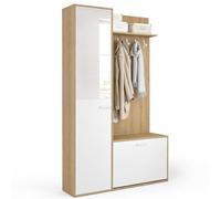 IDMarket - Armario de entrada para guardar zapatos MAHAUT 1 puerta | De efecto madera y blanco con espejo y estantes