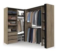 IDMarket - Armario extensible de esquina MARLON 200 x 150 x 180 cm, color haya, con perchas + cajones + estanterías + cortinas negras