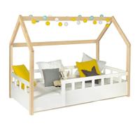IDMarket - Cama cabaña infantil 80 x 160 cm, color blanco y haya con somier y barreras