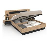 IDMarket - Cama doble con cabecera + mesitas de noche integradas y somier de 140 x 190 cm, madera y negro