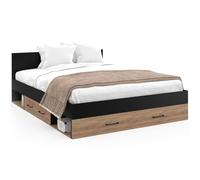 IDMarket - Cama doble MINEA con cajones + nichos de almacenamiento + cabecero y somier de 140 x 190 cm de haya y negro